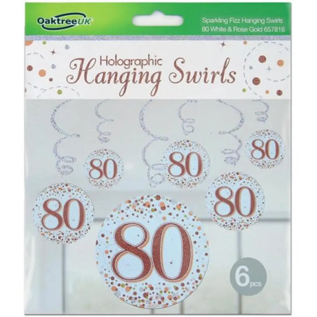 OaktreeUK Hanging Swirls 80 Birthday Sparkle Fizz Rose Gold 6Pk OT657816