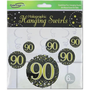 OaktreeUK Hanging Swirls 90 Birthday Sparkle Fizz Black Gold 6Pk OT657960