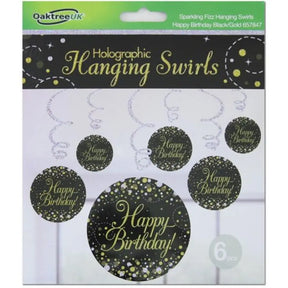 OaktreeUK Hanging Swirls Happy Birthday Sparkle Fizz Black Gold 6Pk OT657847