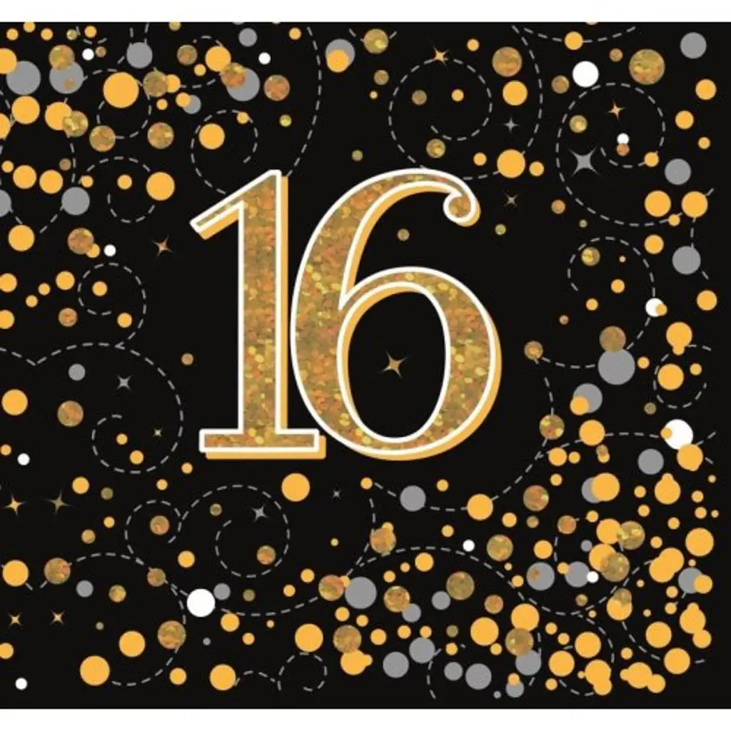 OaktreeUK Napkins 16 Birthday Sparkling Fizz Black Gold 330x330mm 3Ply 16Pk OT635944