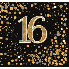 OaktreeUK Napkins 16 Birthday Sparkling Fizz Black Gold 330x330mm 3Ply 16Pk OT635944
