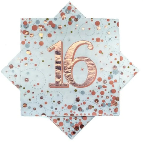 OaktreeUK Napkins 16 Birthday Sparkling Fizz Rose Gold 330x330mm 3Ply 16Pk 635753
