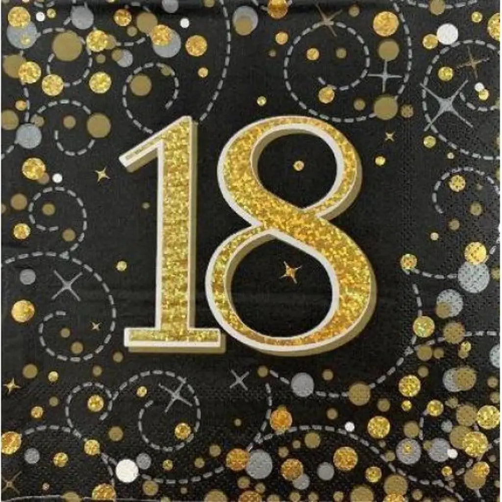 OaktreeUK Napkins 18 Birthday Sparkling Fizz Black Gold 330x330mm 3Ply 16Pk OT635951