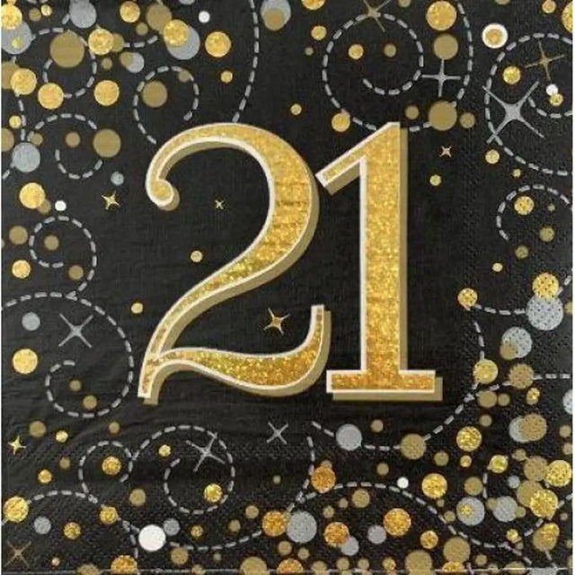 OaktreeUK Napkins 21 Birthday Sparkling Fizz Black Gold 330x330mm 3Ply 16Pk OT635968