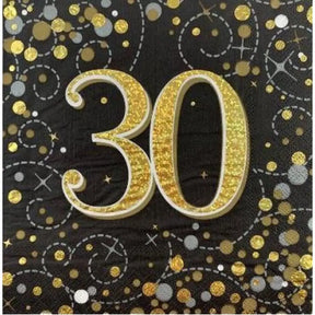 OaktreeUK Napkins 30 Birthday Sparkling Fizz Black Gold 330x330mm 3Ply 16Pk OT635975