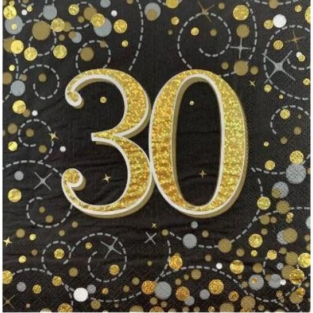 OaktreeUK Napkins 30 Birthday Sparkling Fizz Black Gold 330x330mm 3Ply 16Pk OT635975