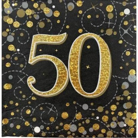 OaktreeUK Napkins 50 Birthday Sparkling Fizz Black Gold 330x330mm 3Ply 16Pk OT635999