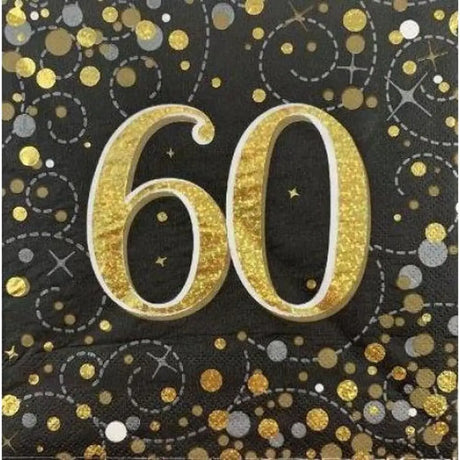 OaktreeUK Napkins 60 Birthday Sparkling Fizz Black Gold 330x330mm 3Ply 16Pk OT636002