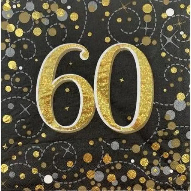 OaktreeUK Napkins 60 Birthday Sparkling Fizz Black Gold 330x330mm 3Ply 16Pk OT636002
