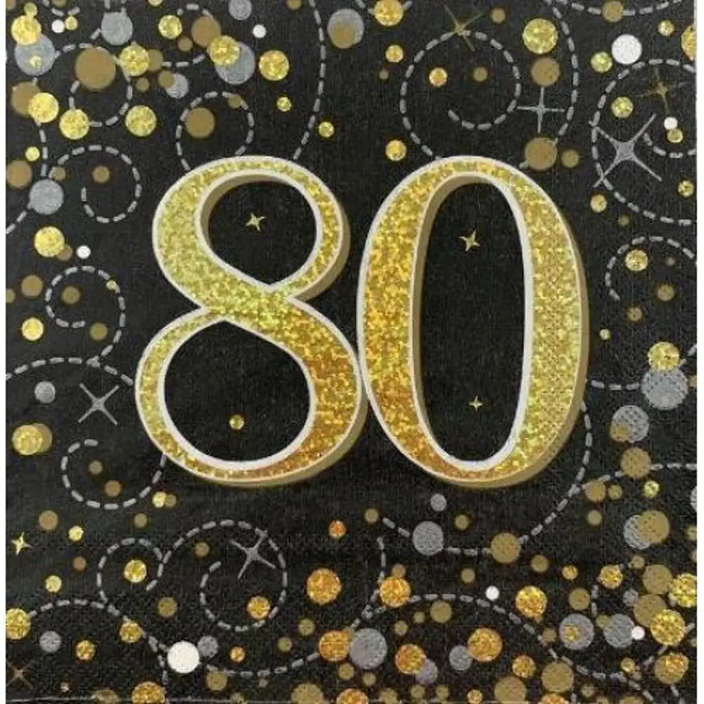OaktreeUK Napkins 80 Birthday Sparkling Fizz Black Gold 330x330mm 3Ply 16Pk OT636026
