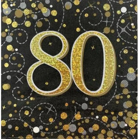 OaktreeUK Napkins 80 Birthday Sparkling Fizz Black Gold 330x330mm 3Ply 16Pk OT636026