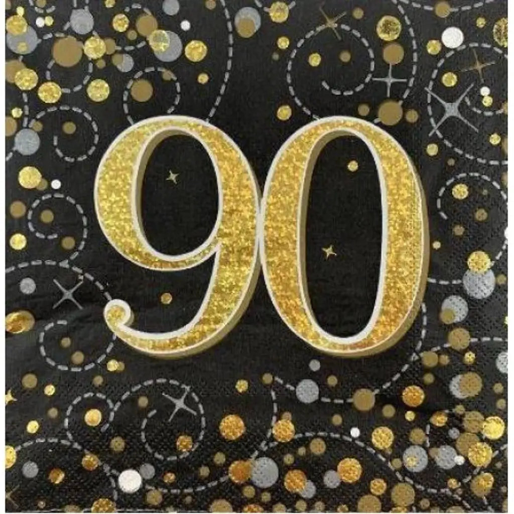 OaktreeUK Napkins 90 Birthday Sparkling Fizz Black Gold 330x330mm 3Ply 16Pk OT636033