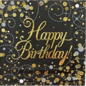OaktreeUK Napkins Happy Birthday Sparkling Fizz Black Gold 330x330mm 3Ply 16Pk OT635920