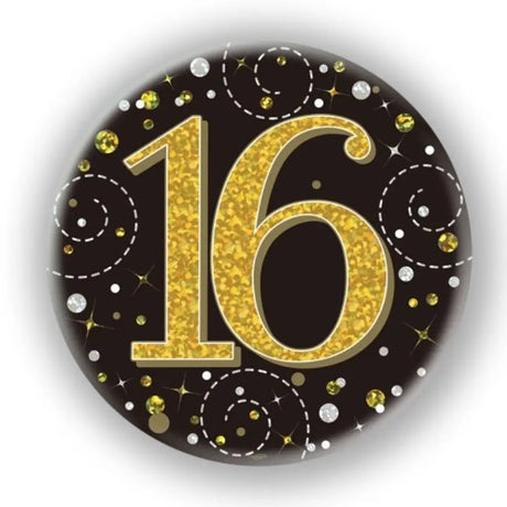 OaktreeUK Party Badge 16 Birthday Sparkling Fizz Black Gold 75mm OT654440