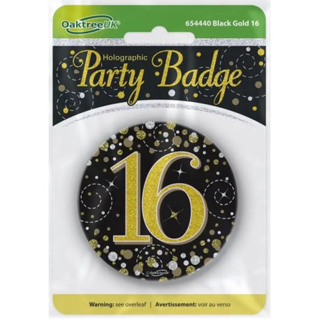OaktreeUK Party Badge 16 Birthday Sparkling Fizz Black Gold 75mm OT654440