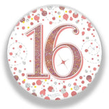 OaktreeUK Party Badge 16 Birthday Sparkling Fizz Rose Gold 75mm OT654310
