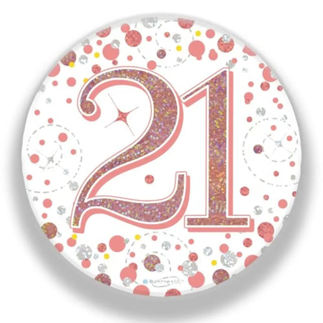 OaktreeUK Party Badge 21 Birthday Sparkling Fizz Rose Gold 75mm OT654334