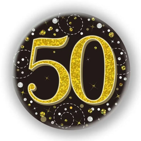 OaktreeUK Party Badge 50 Birthday Sparkling Fizz Black Gold 75mm OT654495
