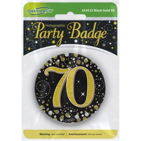 OaktreeUK Party Badge 70 Birthday Sparkling Fizz Black Gold 75mm OT654525