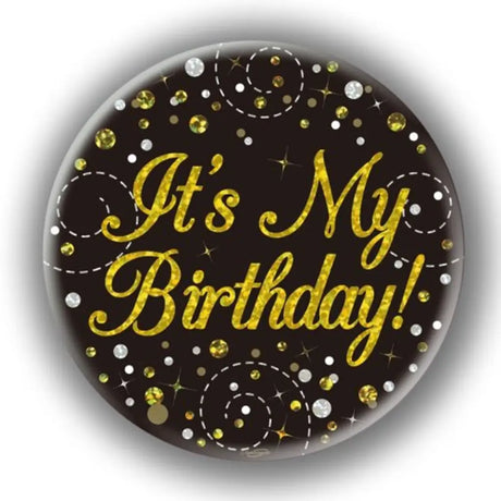 OaktreeUK Party Badge Happy Birthday Sparkling Fizz Black Gold 75mm OT654433