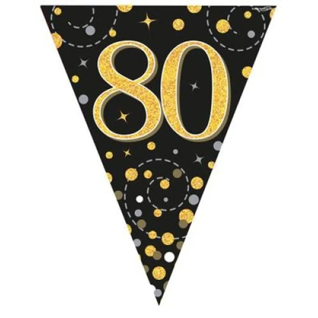 OaktreeUK Party Flag Bunting 80 Birthday Sparkle Fizz Black Gold 109609