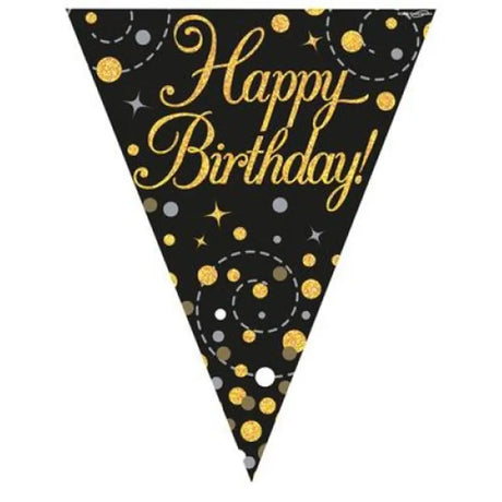 OaktreeUK Party Flag Bunting Happy Birthday Sparkle Fizz Black Gold 109600