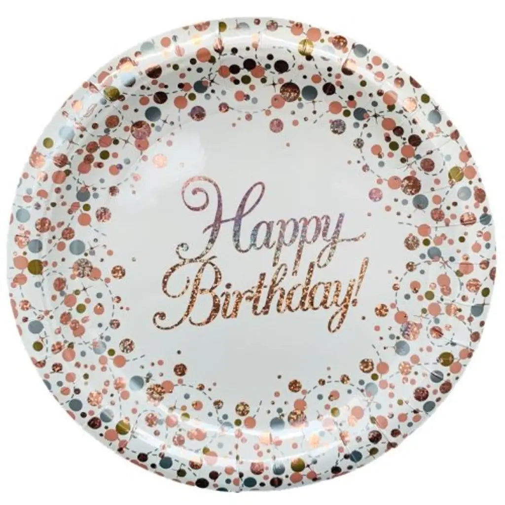 OaktreeUK Plates Happy Birthday Sparkling Fizz Rose Gold 230mm 8Pk 635692