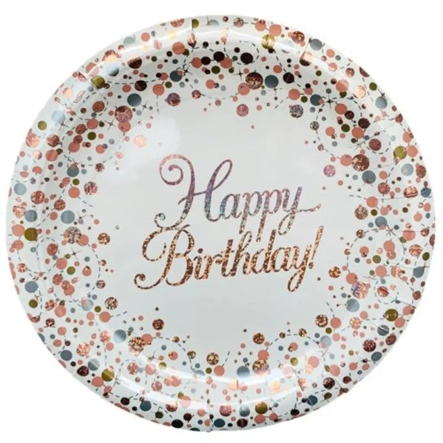 OaktreeUK Plates Happy Birthday Sparkling Fizz Rose Gold 230mm 8Pk 635692