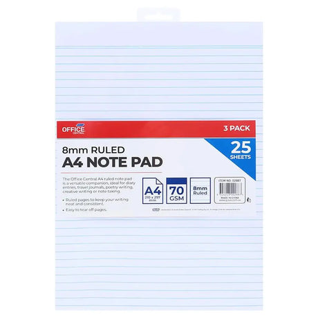 Office Central A4 Ruled Note Pads 210x297mm 3Pk 02887