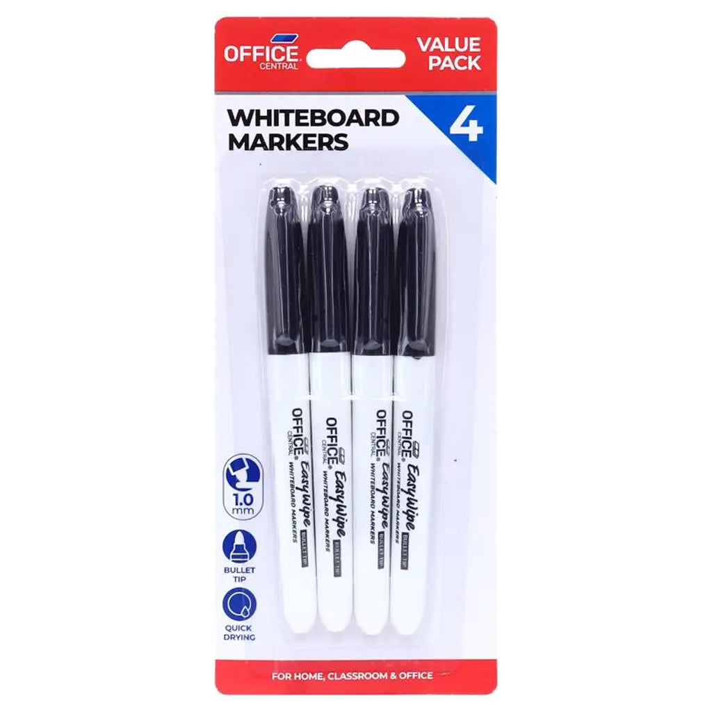 Office Central Black Whiteboard Markers EasyWipe Bullet Tip 1mm 4Pk 208876