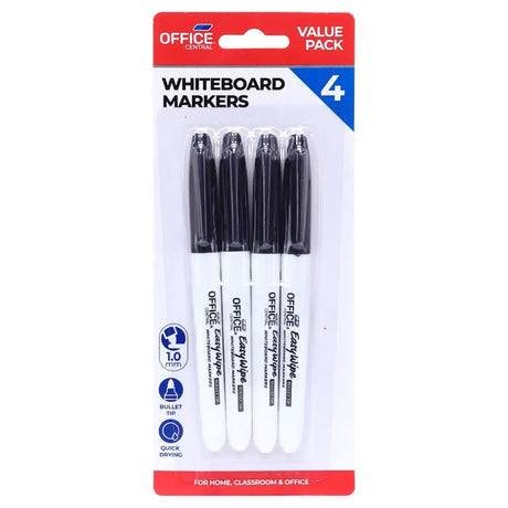 Office Central Black Whiteboard Markers EasyWipe Bullet Tip 1mm 4Pk 208876