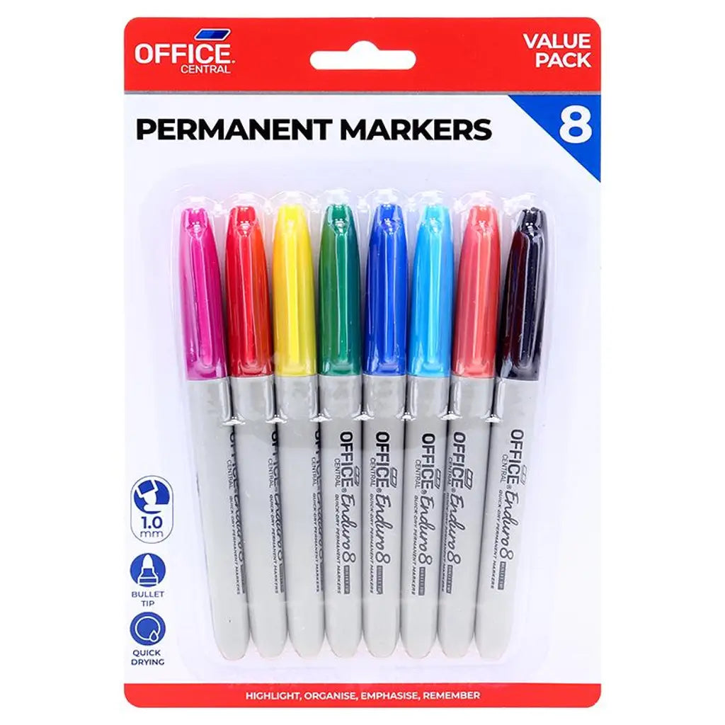 Office Central Coloured Permanent Marker Bullet Tip 1mm 8Pk 208906