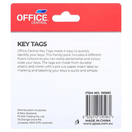 Office Central Key Tags Colour 4.7x2.6cm 6Pk 195961