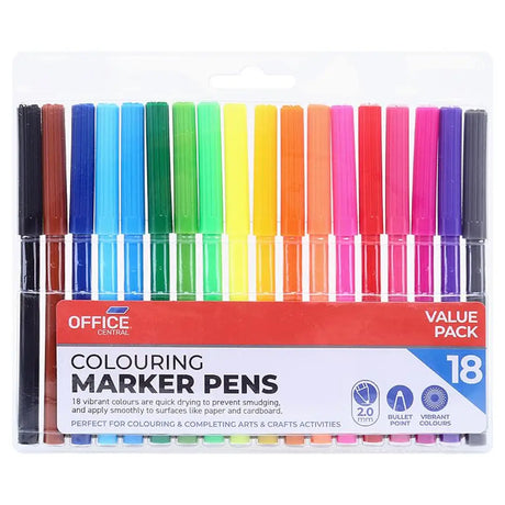 Office Central Quick Dry Markers Coloured Pens 2mm 18Pk  268832