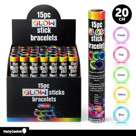Party Central Assorted Glow Stick Bracelet 5x20mm 15Pk 242467