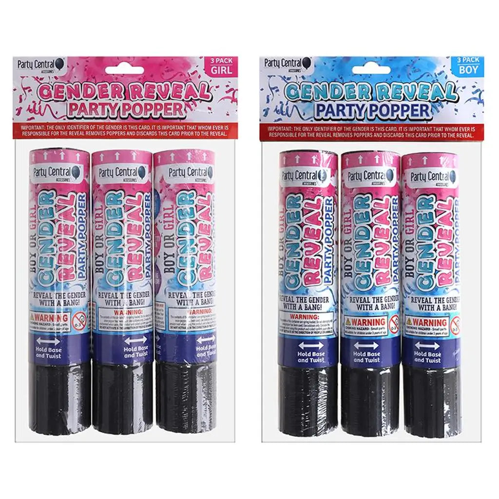 Party Central Gender Reveal Party Popper Collection 3Pk 20cm 284115