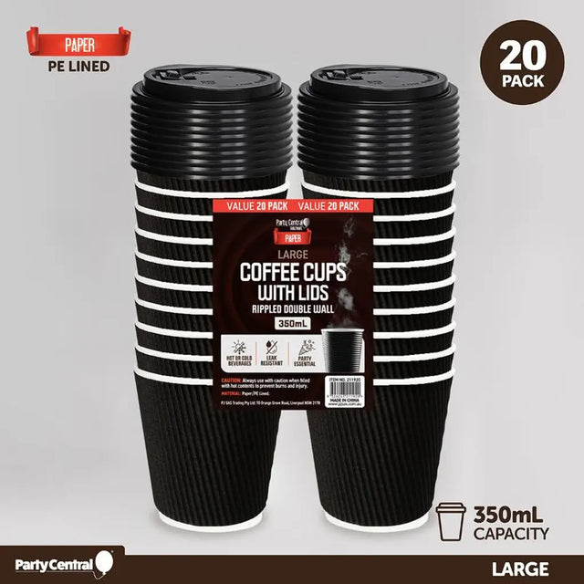 Party Central Large Paper Coffee Cups Rippled Double Wall 350ml 20Pk 211920