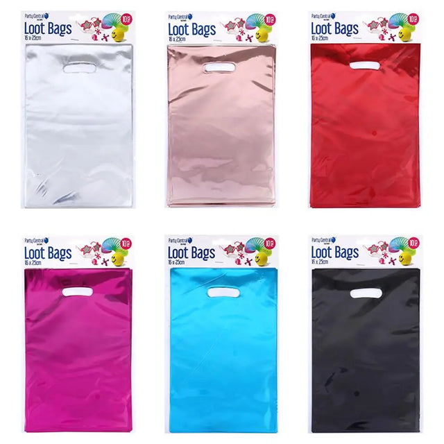 Party Central Metallic Loot Bags Assorted Colours 16x25cm 10Pk 287772