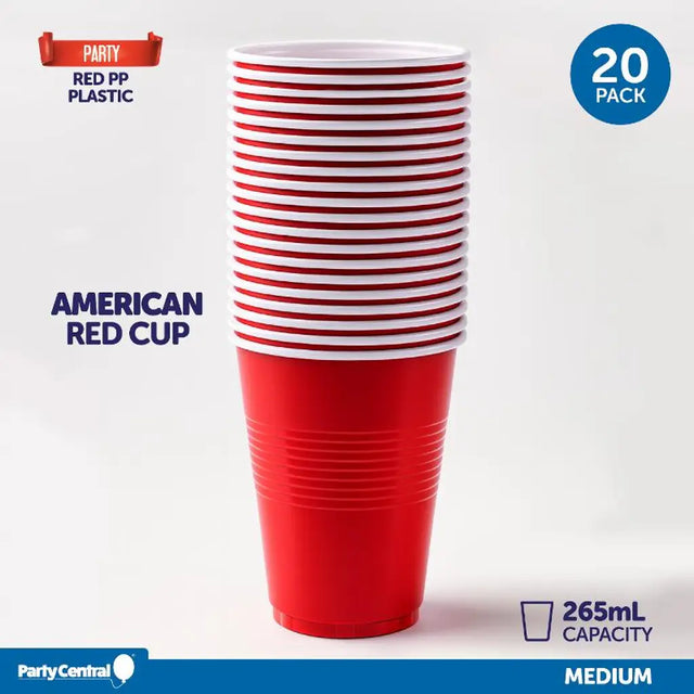 Party Central Partyware Drinkware Reusable Plastic Cup American Red 265ml 20Pk 176526