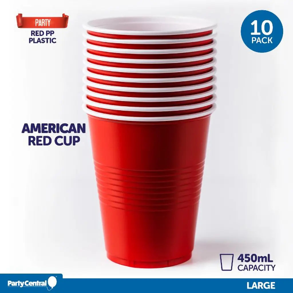 Party Central Partyware Drinkware Reusable Plastic Cup American Red 450ml 10Pk 171897
