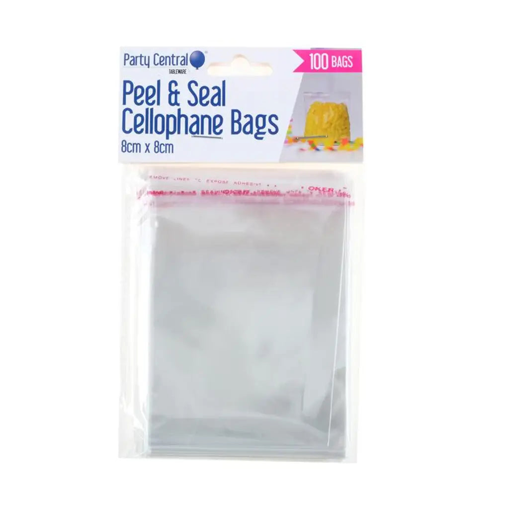 Party Central Premium Peel & Seal Cellophane Bags 8x8cm 100Pk 270859