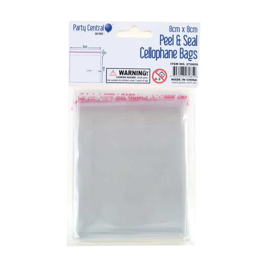Party Central Premium Peel & Seal Cellophane Bags 8x8cm 100Pk 270859