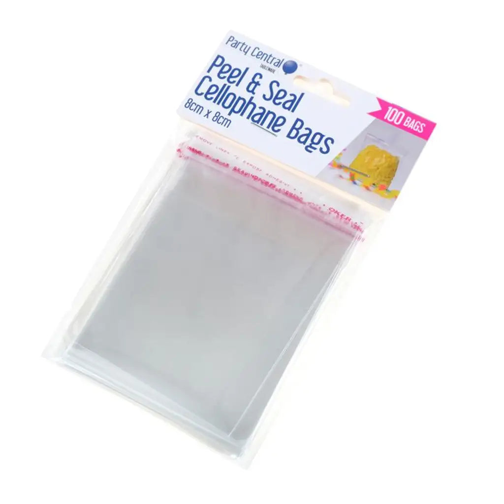 Party Central Premium Peel & Seal Cellophane Bags 8x8cm 100Pk 270859