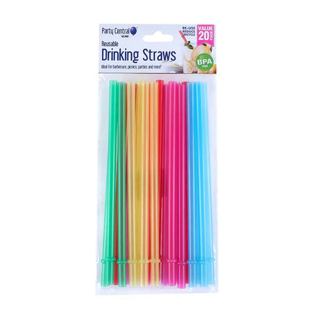 Party Central Reusable Straws Assorted Colours 20cm 20pk 278763
