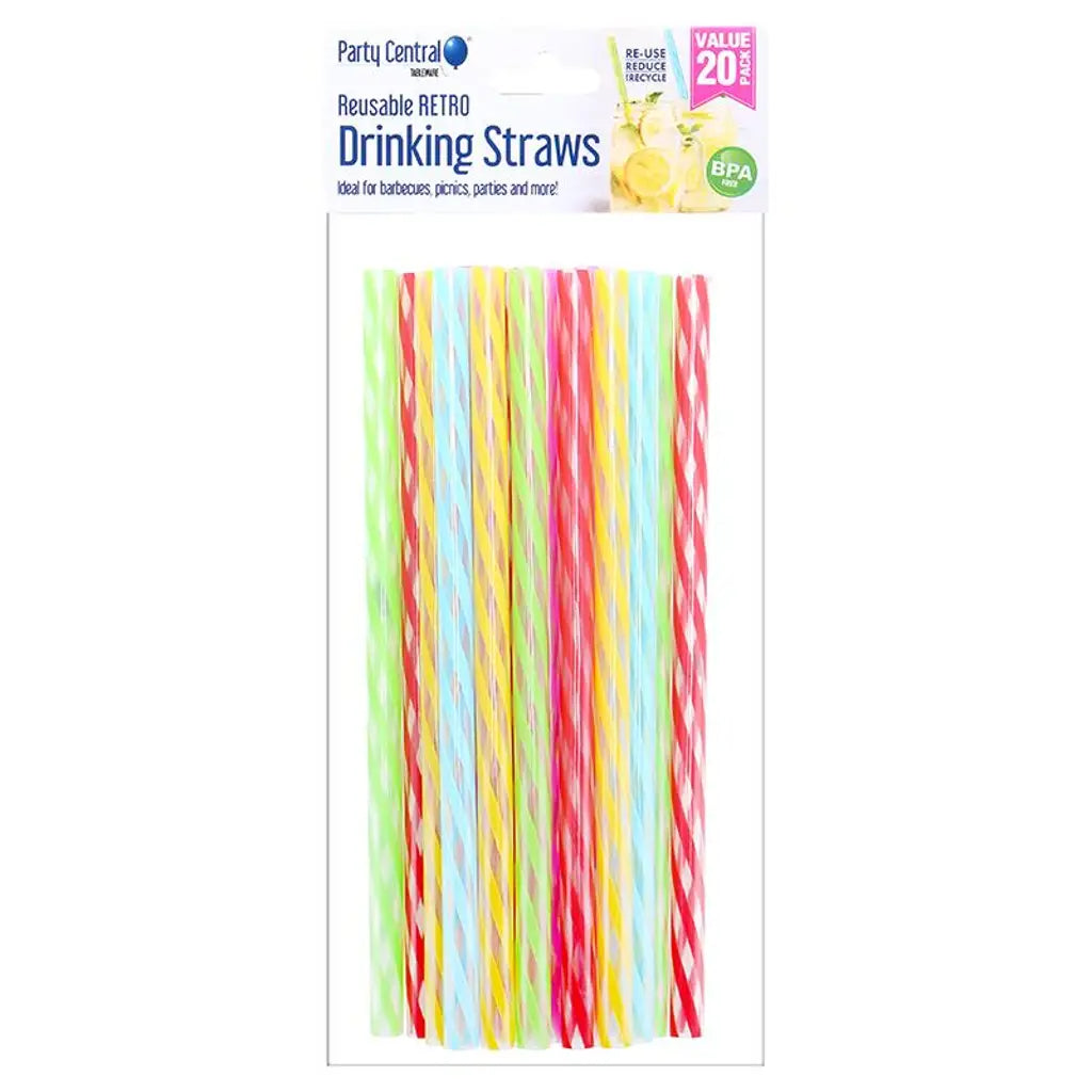 Party Central Reusable Straws Retro Stripe 20Pk 288717