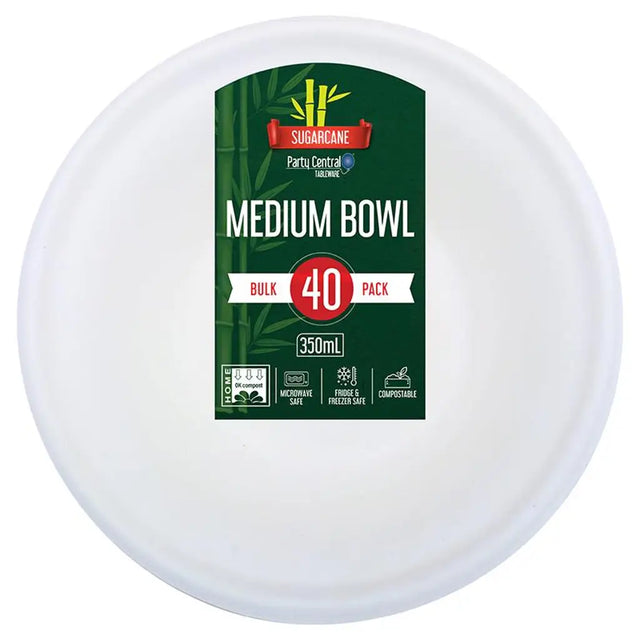Party Central Sugarcane Medium Snack Bowls White 350ml 40Pk 278909