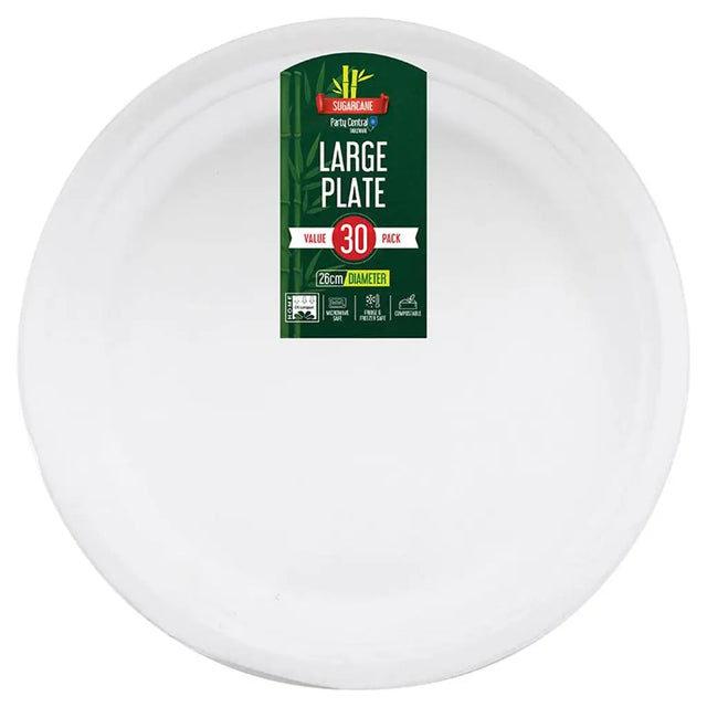 Party Central Sugarcane Round Dinner Plates White Large 26cm 30Pk 279012