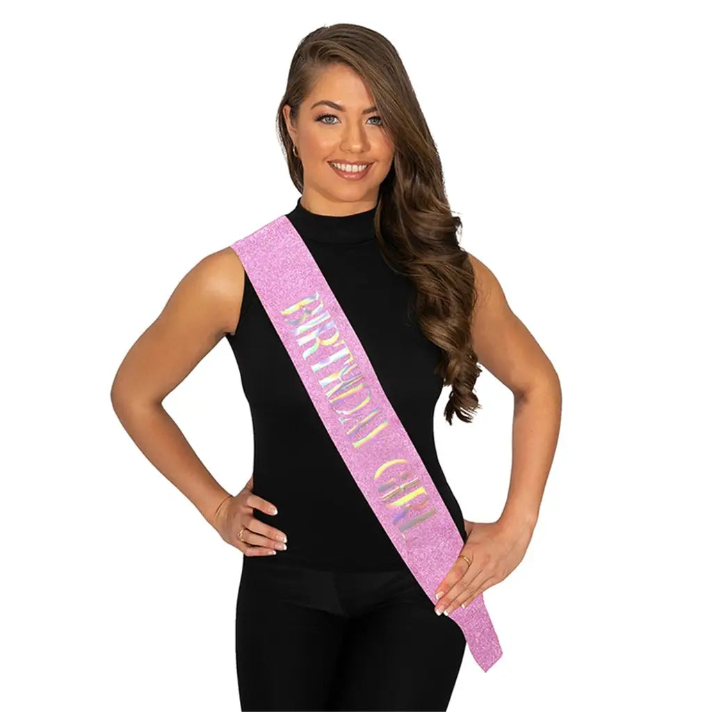 Party Planet Birthday Girl Pink Glitter Sash PP89495