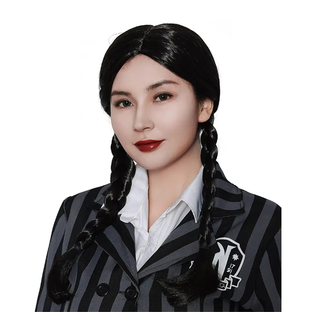 Party Planet Long Black Plaited Wednesday Wig PP45443