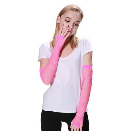 Party Planet Pink Long Fingerless Fishnet Gloves A136775
